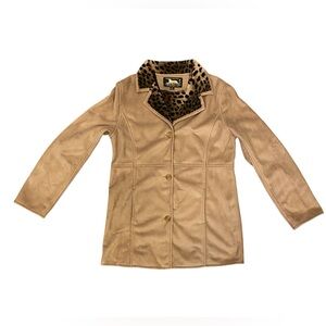 Donna Salyers Fabulous Furs Tan Suede Jacket Leopard Print lining - Size Medium